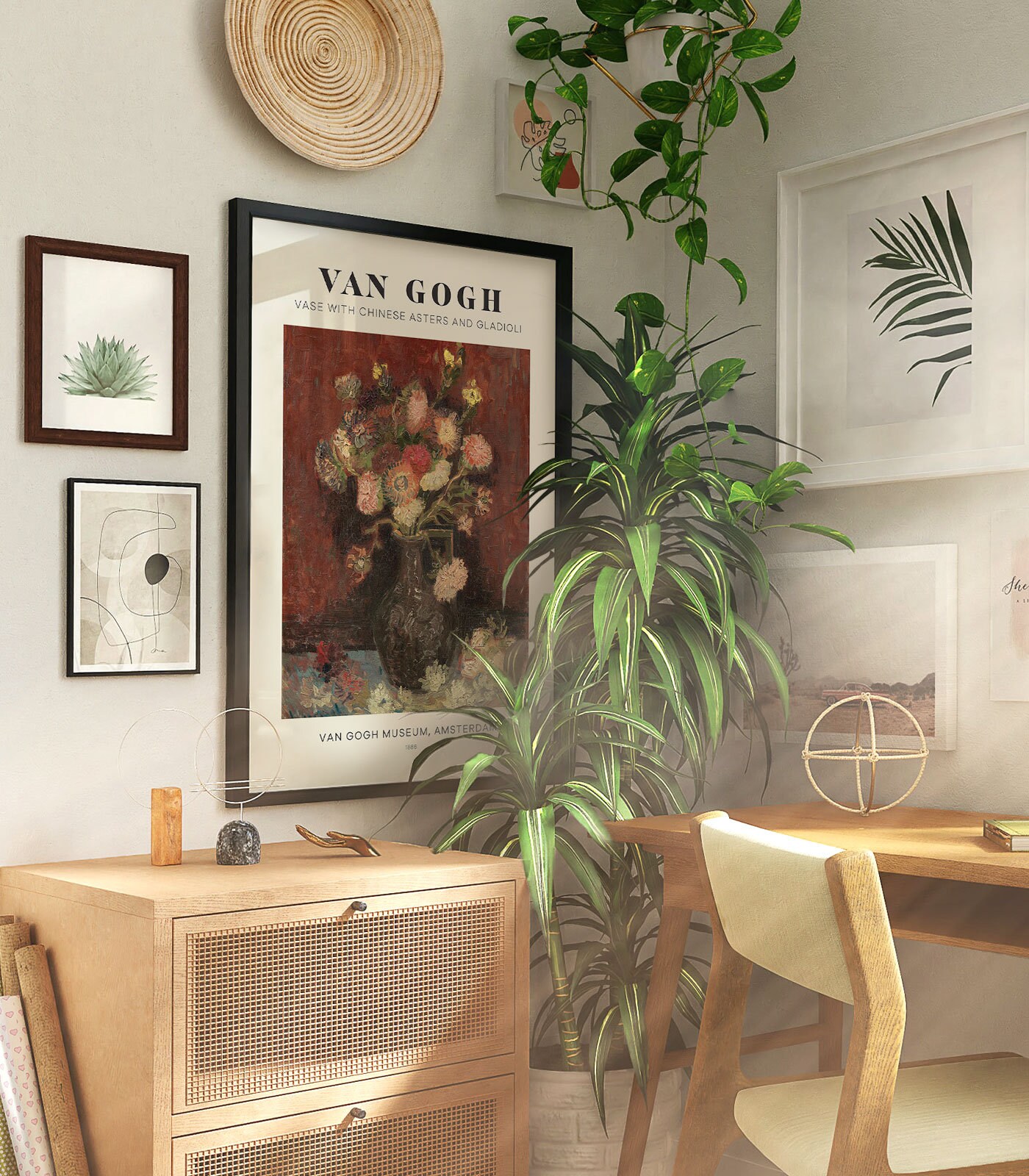 ゴッホの花瓶と中国のアスターとグラジオラス ミッドセンチュリー