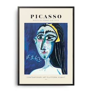 May include: A vintage poster featuring a blue and white abstract portrait of a woman with black hair and a yellow headband. The text "PICASSO" and "BUSTE DE FEMME NUE FACE" is at the top of the poster. The text "CONTEMPORARY ART PLATFORM, KUWAIT" is at the bottom of the poster.