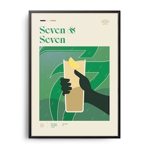 Seven & Seven Cocktail Midcentury Poster, Cocktail Recipe Poster, Cocktail Guide, Kitchen Cocktail Wall Decor, Cocktails, Cocktail Gift