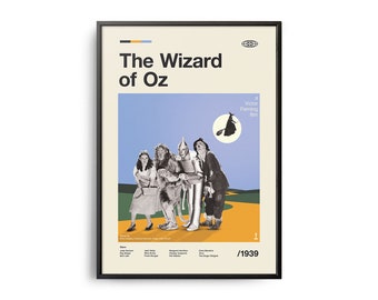 May include: A vintage movie poster for "The Wizard of Oz", a Victor Fleming film from 1939. The poster features a black and white image of Dorothy, the Scarecrow, the Tin Man, and the Cowardly Lion standing on the yellow brick road. The poster has a blue background with a yellow and green field.
