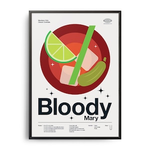 Póster de cóctel Bloody Mary de mediados de siglo, impresión de cóctel Bloody Mary, arte de cocina de cócteles, póster de recetas de cócteles, arte de regalo de cócteles, cocina
