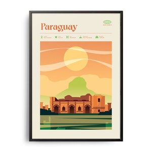 Midcentury Paraguay Print, Paraguay Landmarks, Tourist Attractions, Retro Travel Poster, Retro Paraguay Print, Paraguay Wall Art, Home Decor