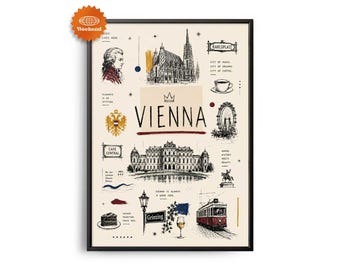 Wien-Reiseposter | Handgezeichnete Illustration | Stadtbild für die Wand | Reise-Wanddeko | Wohndeko | Geschenk für Reisende