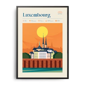 Midcentury Luxembourg Print, Luxembourg Landmarks, Tourist Attractions, Retro Travel Poster, Retro Luxembourg Print, Luxembourg Wall Art