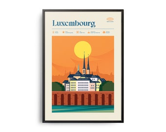 Midcentury Luxembourg Print, Luxembourg Landmarks, Tourist Attractions, Retro Travel Poster, Retro Luxembourg Print, Luxembourg Wall Art
