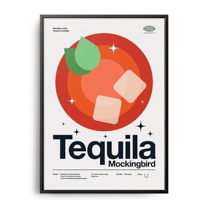 Póster de cóctel de tequila "Mockingbird" de mediados de siglo, impresión de cóctel de tequila "Mockingbird", arte de cocina con cócteles, receta de cóctel, regalo de cóctel