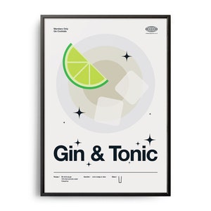 Póster de cóctel de gin-tonic de mediados de siglo, impresión de cóctel de gin-tonic, arte de cocina de cócteles, póster de recetas de cócteles, arte de regalo de cóctel de gin-tonic