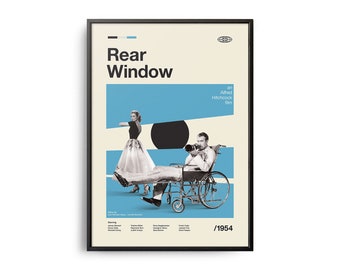 May include: A vintage movie poster for the Alfred Hitchcock film "Rear Window" featuring a black and white image of a man in a wheelchair looking through a camera lens and a woman in a dress standing in the background. The poster has a blue and beige color scheme with the title "Rear Window" in bold black text and the year "1954" in the bottom right corner.