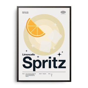 Póster de cóctel Limoncello Spritz de mediados de siglo, impresión de cóctel Limoncello Spritz, arte de cocina con cócteles, póster de recetas de cócteles, regalo de cóctel