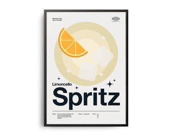 Midcentury Limoncello Spritz Cocktail Poster, Limoncello Spritz Cocktail Print, Cocktail Kitchen Art, Cocktail Recipe Poster, Cocktail Gift