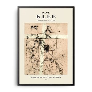 Puede incluir: Una impresión en blanco y negro de una pintura de Paul Klee titulada "Tightrope Walker". La pintura representa una figura estilizada en una cuerda floja con un fondo de formas geométricas y líneas. La impresión está enmarcada en negro e incluye el título de la pintura, el nombre del artista y el museo donde se exhibe: "Museum of Fine Arts, Boston".