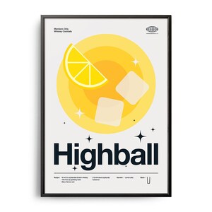 Póster de cóctel highball de mediados de siglo, impresión de cóctel highball, arte de cocina de cócteles, póster de recetas de cócteles, póster de arte de regalo de cócteles