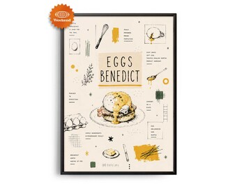 Poster da cucina con uova alla Benedict / Illustrazione di cibo disegnata a mano su parete / Decorazione per la cucina / Illustrazione di una ricetta / Decorazione per la sala da pranzo / Regalo per gli amanti del cibo