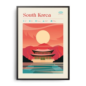 Stampa della Corea del Sud di metà secolo, monumenti della Corea del Sud, attrazioni turistiche, poster di viaggio retrò, stampa retrò della Corea del Sud, arte murale della Corea del Sud