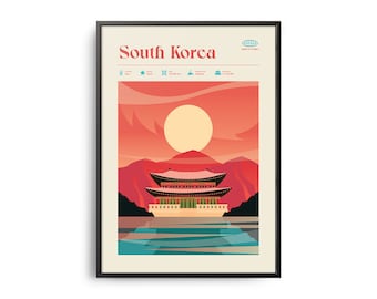 Midcentury South Korea Print, South Korea Landmarks, Tourist Attractions, Retro Travel Poster, Retro South Korea Print, South Korea Wall Art