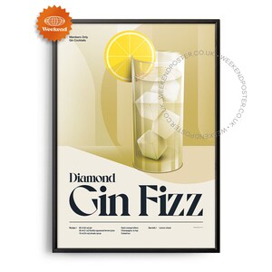 Póster de cóctel de ginebra y fizz de mediados de siglo, impresión de cócteles, arte de cocina de cócteles, póster de recetas de cócteles, arte de regalo de cócteles, retro