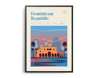 Midcentury Dominican Republic Print, Dominican Republic Landmarks, Tourist Attractions, Retro Travel Poster, Retro Dominican Republic Decor