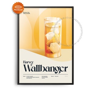 Póster de cóctel de Harvey Wallbanger de mediados de siglo, impresión de cócteles, arte de cocina de cócteles, póster de recetas de cócteles, arte de regalo de cócteles, retro