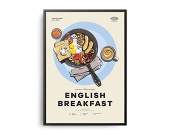 イングリッシュ・ブレックファースト・ポスター、ミッドセンチュリー・イングリッシュ・ブレックファースト・プリント、フードウォールアート、フードレシピウォールデコ、レトロフードポスター、キッチンデコ、ギフト