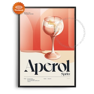 Midcentury Aperol Spritz Cocktail Poster, Aperol Spritz Cocktail Print, Cocktail Kitchen Art, Cocktail Recipe Poster, Cocktail Gift Art