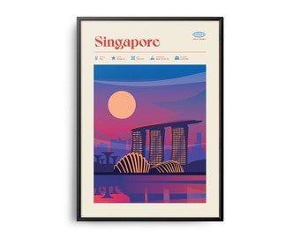 Midcentury Singapore Print, Singapore Landmarks, Tourist Attractions, Retro Travel Poster, Retro Singapore Print, Singapore Wall Art, Decor