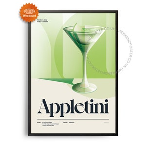 Póster de cóctel Appletini de mediados de siglo, impresión de cóctel Appletini, arte de cocina de cócteles, póster de recetas de cócteles, arte de regalo de cócteles, retro