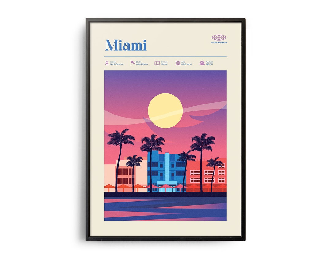 Midcentury Miami Print, Miami Landmarks, Tourist Attractions, Retro