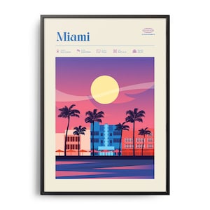 Midcentury Miami Print, Miami Landmarks, Tourist Attractions, Retro Travel Print, Retro Miami Print, Miami Wall Art, Miami Travel Art, Miami