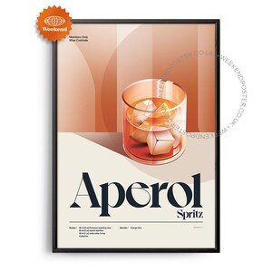Midcentury Aperol Spritz Cocktail Poster, Aperol Spritz Cocktail Print, Cocktail Kitchen Art, Cocktail Recipe Poster, Cocktail Gift Art