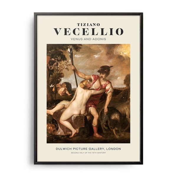 Vecellio Venus and Adonis Mid-Century Art Poster, Famous Painting, Famous Artist Wall Decor, Museum Wall Art, Exhibition Wall Art