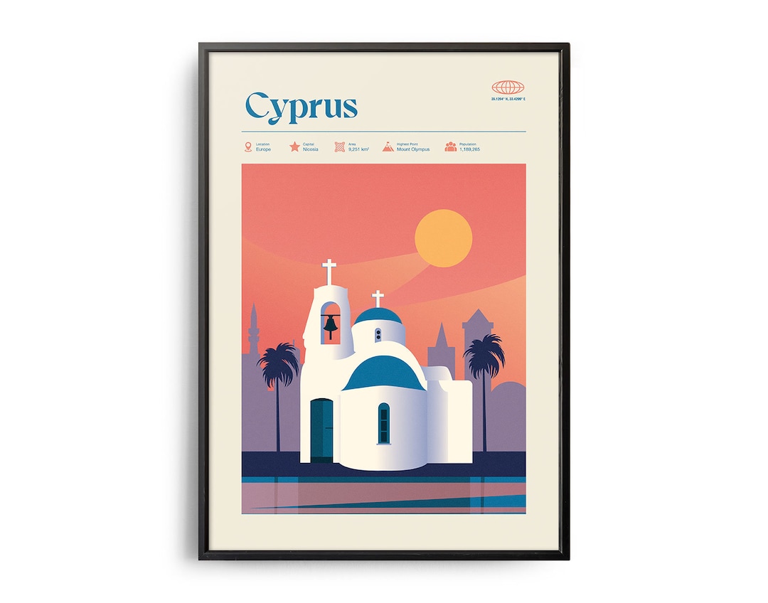 Midcentury Cyprus Print, Cyprus Landmarks, Tourist Attractions, Retro