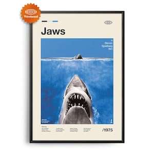 Op de afbeelding: Ingelijste filmposter voor de film "Jaws" met een zwart frame. De poster toont de open bek van een haai in het water, met de titel "Jaws" in grote witte letters. De poster bevat ook het jaar 1975.