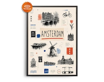 AMSTERDAM Travel Poster | Hand Drawn Illustration | City Wall Art | Travel Wall Decor | Home Decor | Gift for Travelers