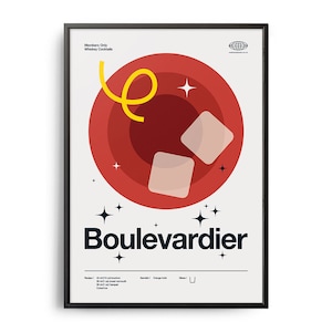 Póster de cóctel Boulevardier de mediados de siglo, impresión de cóctel Boulevardier, arte de cocina de cócteles, póster de recetas de cócteles, impresión artística de regalo de cócteles
