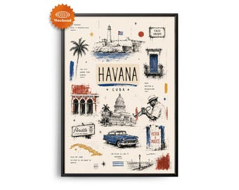 HAVANNA-Reiseposter | Handgezeichnete Illustration | Stadtbild für die Wand | Reise-Wanddeko | Wohndeko | Geschenk für Reisende