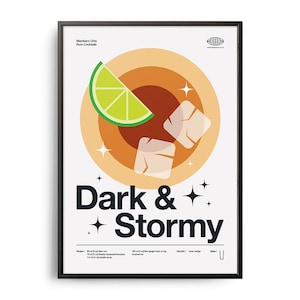 Midcentury Dark & Stormy Cocktail Poster, stürmischer Cocktail Druck, Cocktail Küchenkunst, Cocktailrezept Poster, Cocktail Geschenk Kunst