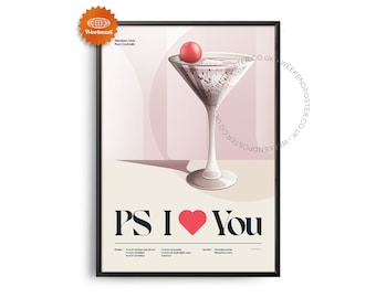 Poster del cocktail PS I Love You di metà secolo, stampa del cocktail PS I Love You, arte da cucina per cocktail, poster di ricette per cocktail, arte da regalo per cocktail