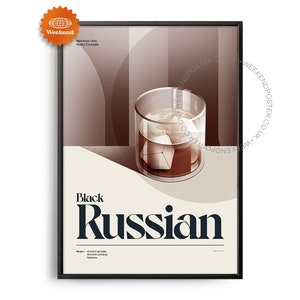 Póster de cóctel ruso negro de mediados de siglo, impresión de cóctel ruso negro, arte de cocina de cócteles, póster de recetas de cócteles, arte de regalo de cócteles