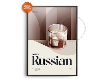 Poster del cocktail Black Russian di metà secolo, stampa del cocktail Black Russian, arte della cucina per cocktail, poster di ricette per cocktail, arte regalo per cocktail