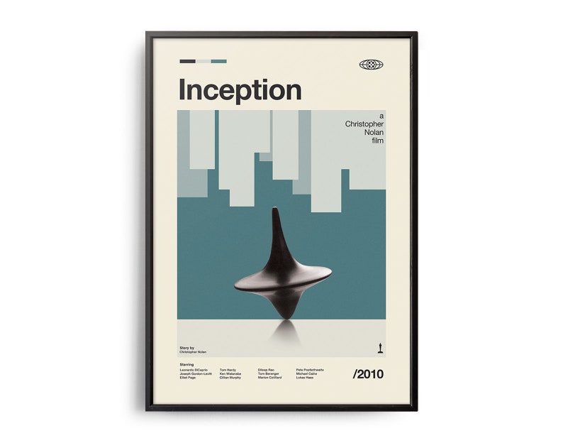 May include: A minimalist poster for the movie Inception, a Christopher Nolan film. The poster features a black spinning top on a blue background with a white and gray cityscape in the background. The title "Inception" is in bold black text at the top of the poster. The year 2010 is in black text at the bottom of the poster.