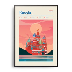 Midcentury Russia Print, Russia Landmarks, Tourist Attractions, Retro Travel Poster, Retro Russia Print, Russia Wall Art, Russia Travel Art