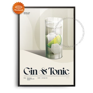 Midcentury Gin & Tonic Cocktail Poster, Gin Tonic Cocktail Print, Cocktail Kitchen Art, Cocktail Recipe Poster, Cocktail Gift Art, Retro