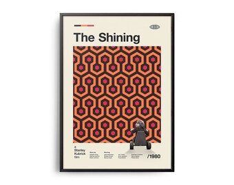 May include: A minimalist poster for the movie "The Shining" featuring a black and white image of a child riding a tricycle in front of a repeating geometric pattern in orange and red. The poster also includes the title "The Shining", the text "a Stanley Kubrick film", and the year "1980".