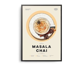 May include: A poster with a minimalist design featuring a cup of Masala Chai, a popular South Asian beverage. The poster is beige with a yellow circle in the center, depicting the chai with spices. The text "Masala Chai" is in bold black letters below the image.