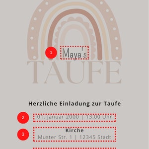 May include: A rainbow-colored illustration with the word "TAUFE" in white text. The text "Maya's" is in a box with a red dotted border. The text "Herzliche Einladung zur Taufe" is in black text. The text "01. Januar 2000 | 13:00 Uhr" is in a box with a red dotted border. The text "Kirche" is in a box with a red dotted border. The text "Muster Str. 1 | 12345 Stadt" is in a box with a red dotted border. The text "mit anschlie&szlig;ender Feier" is in a box with a red dotted border. The text "Muster Str. 1 | 12345 Stadt" is in a box with a red dotted border. The text "Wir bitten um R&uuml;ckmeldung bis zum 01.01.2000" is in black text.