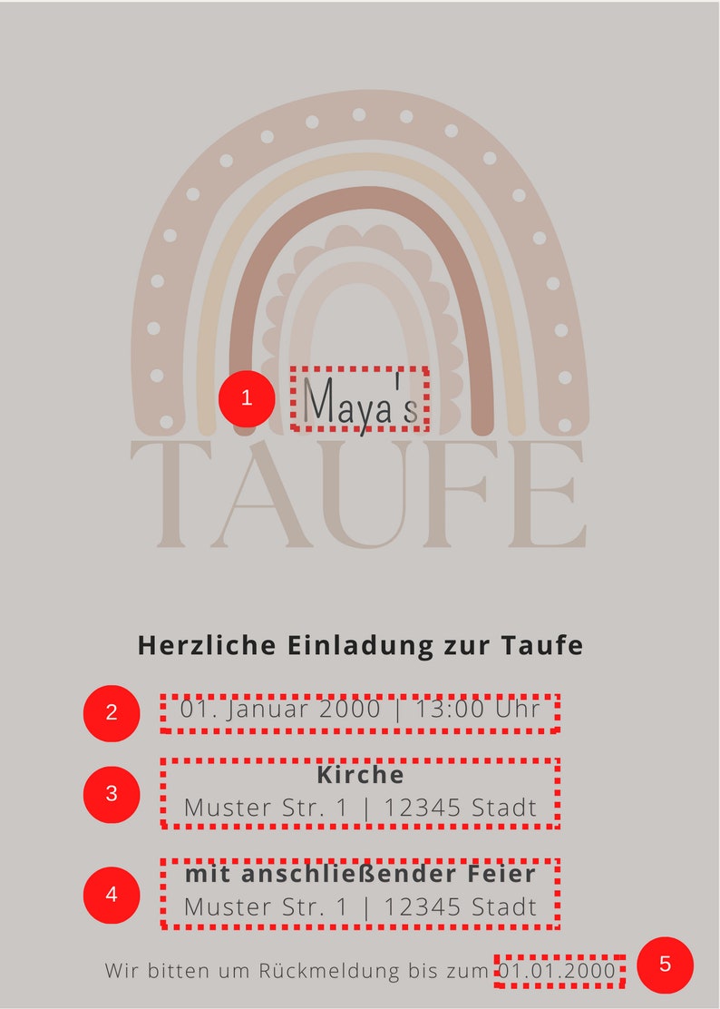 May include: A rainbow-colored illustration with the word "TAUFE" in white text. The text "Maya's" is in a box with a red dotted border. The text "Herzliche Einladung zur Taufe" is in black text. The text "01. Januar 2000 | 13:00 Uhr" is in a box with a red dotted border. The text "Kirche" is in a box with a red dotted border. The text "Muster Str. 1 | 12345 Stadt" is in a box with a red dotted border. The text "mit anschlie&szlig;ender Feier" is in a box with a red dotted border. The text "Muster Str. 1 | 12345 Stadt" is in a box with a red dotted border. The text "Wir bitten um R&uuml;ckmeldung bis zum 01.01.2000" is in black text.