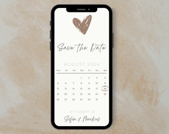 May include: A digital calendar on a smartphone screen with a hand-drawn heart at the top. The calendar is for August 2024, with the 10th highlighted in red. The text "Save the Date" is at the top of the calendar, and the text "wir sagen ja Sofia & Markus" is at the bottom.