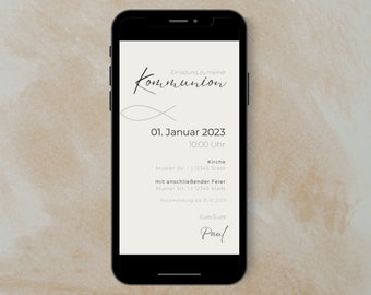 May include: A white and gray digital invitation for a Communion celebration. The invitation includes the date, time, and location of the event. The text reads "Einladung zu meiner Kommunion 01. Januar 2023 10:00 Uhr Kirche Muster Str. 1 12345 Stadt mit anschließender Feier Muster Str. 1 12345 Stadt Rückmeldung bis 01.01.2023 Euer/Eure Paul".