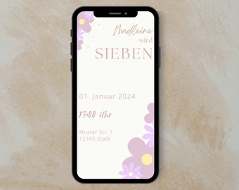 Digital birthday invitation, Whatsapp invitation, sustainable invitation, flower invitation, children's birthday, girl invitation card