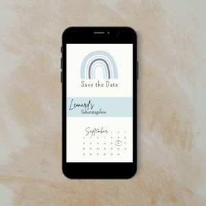 Digitale Einladung Save the Date, Geburtstag, Taufe, Babyparty, Whatsapp Einladung, Nachhaltige Einladung, Regenbogen Einladung Blau